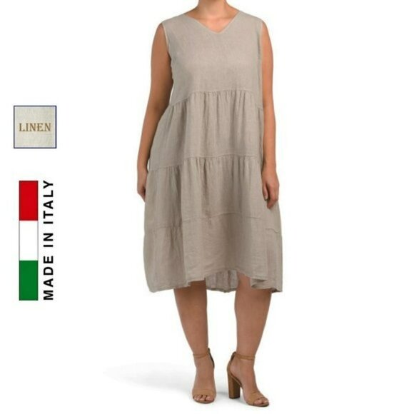 NWT ROSEMARINE Plus Made In Italy Linen Sleeveless V-Neck Tiered Midi Dress - Picture 1 of 4
